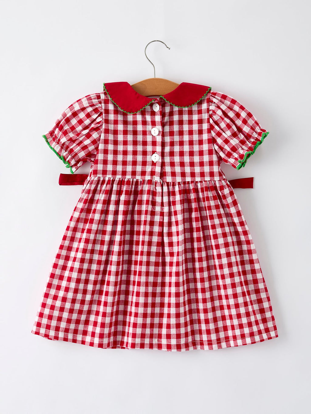 Girls Christmas Outfit – Red Plaid Dress with Tree Bow Accents