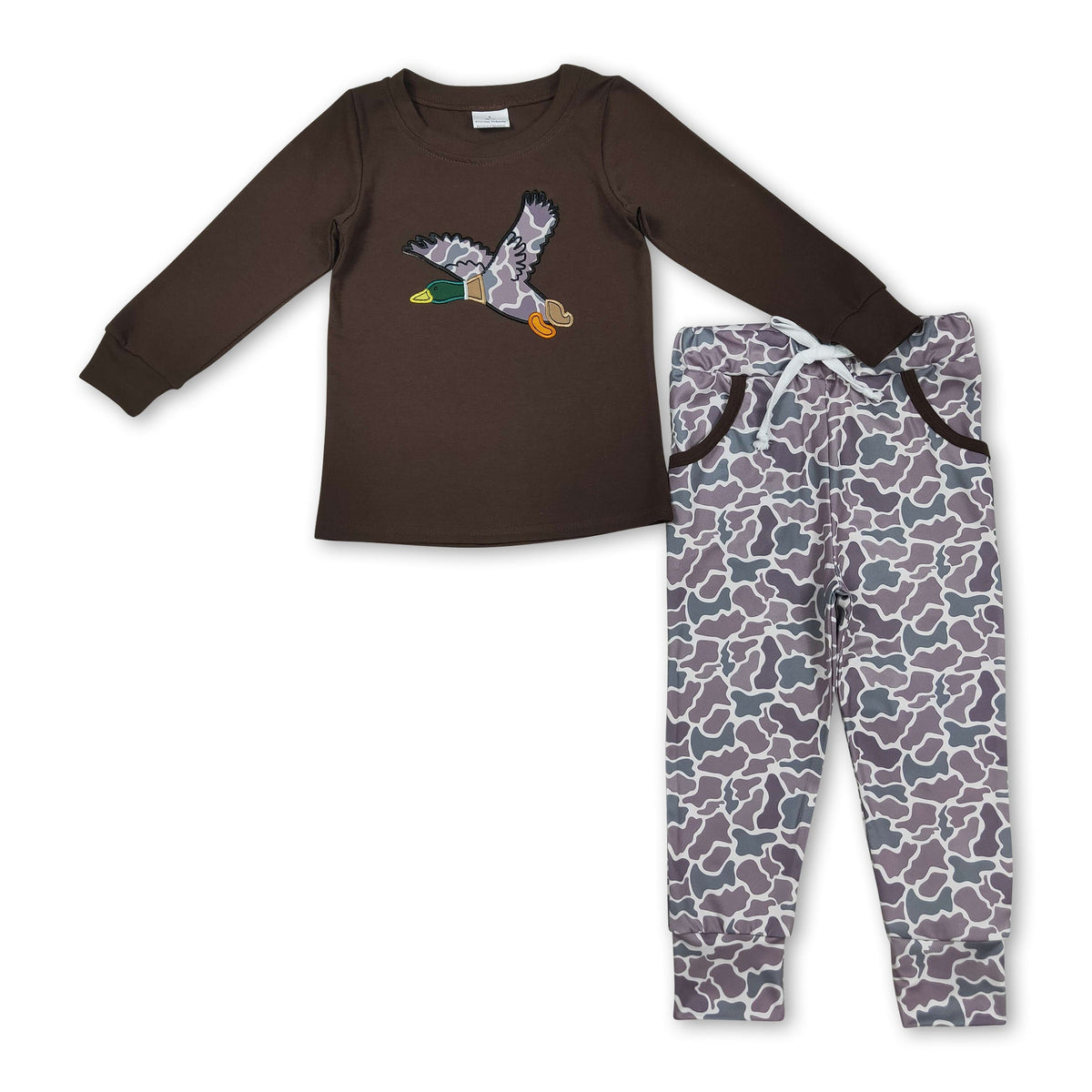 Brown long sleeves duck top camo pants boys clothing