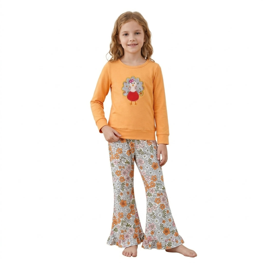 Floral turkey embroidery girls Thanksgiving outfits