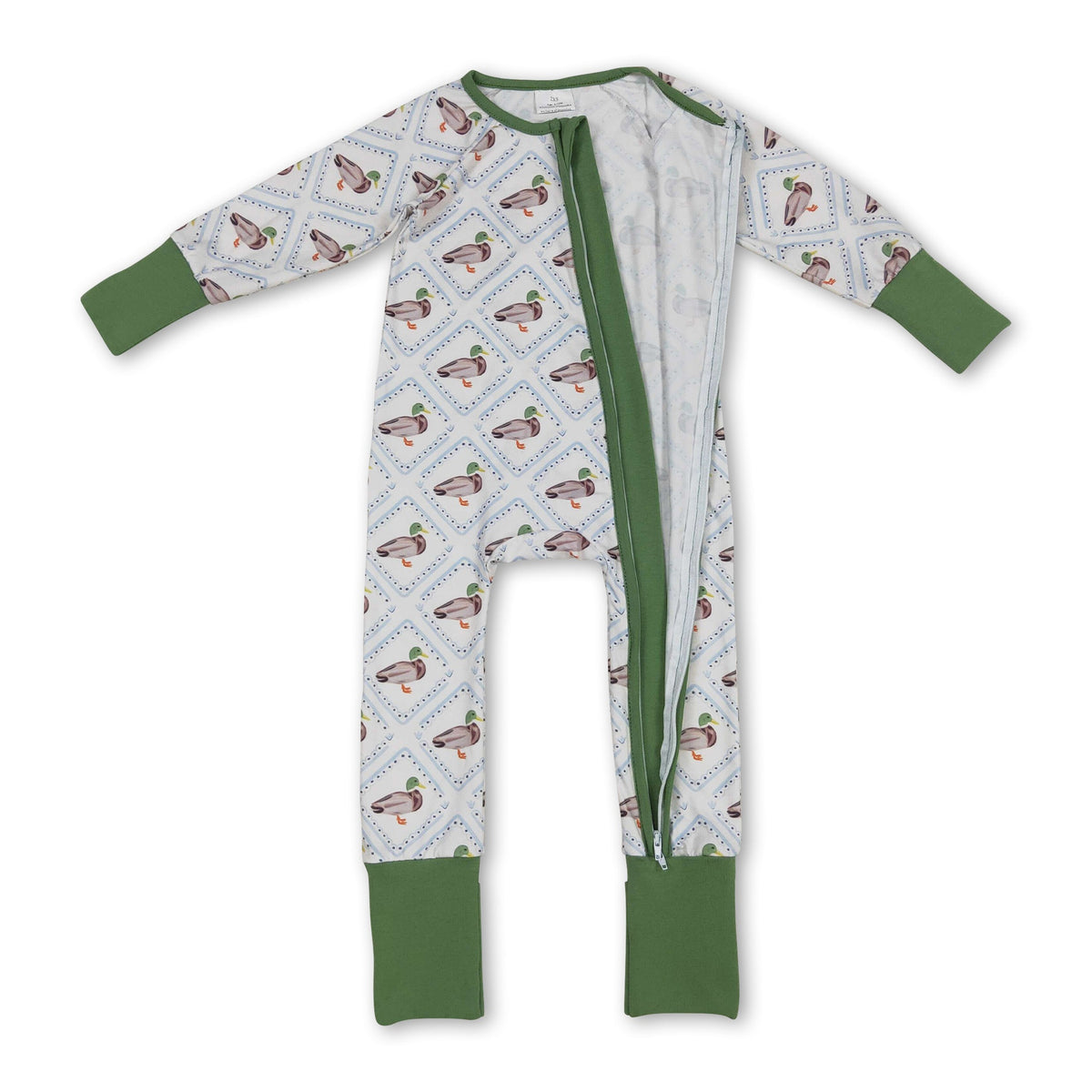 Green long sleeves duck baby kids zipper romper