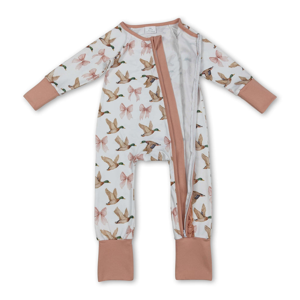 Long sleeves pink bow duck ruffle baby girls zipper romper